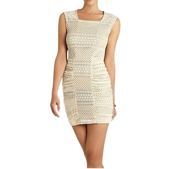 BCBGMAXAZRIA Renee Ivory Sleeveless Ruched-Side mini bodycon Dress Size Large - Picture 3 of 12